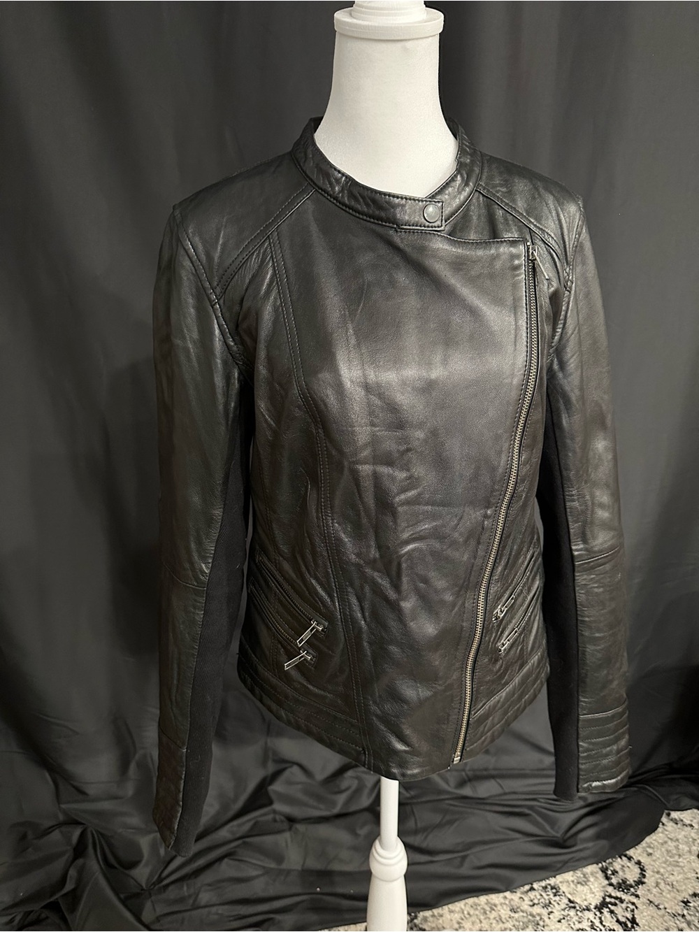 Halogen Black Leather Asymmetric Zip Moto Jacket
